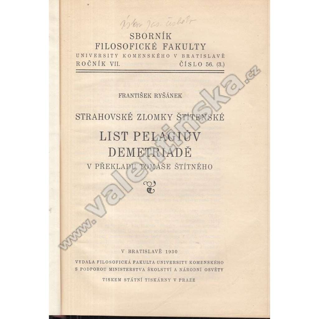 Strahovské zlomky štítenské: List Pelagiův Demetriadě v překladu Tomáše Štítného (rukopisy, faksimile, literární věda, křesťanská výchova)