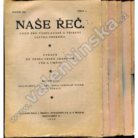 Naše řeč, r. XII. (1928) (český jazyk, lingvistika, mj. Duch Indie, Mateřský jazyk a střední škola, Přízvuková shoda v rýmech, Slovní hříčky v české mluvě lidové)