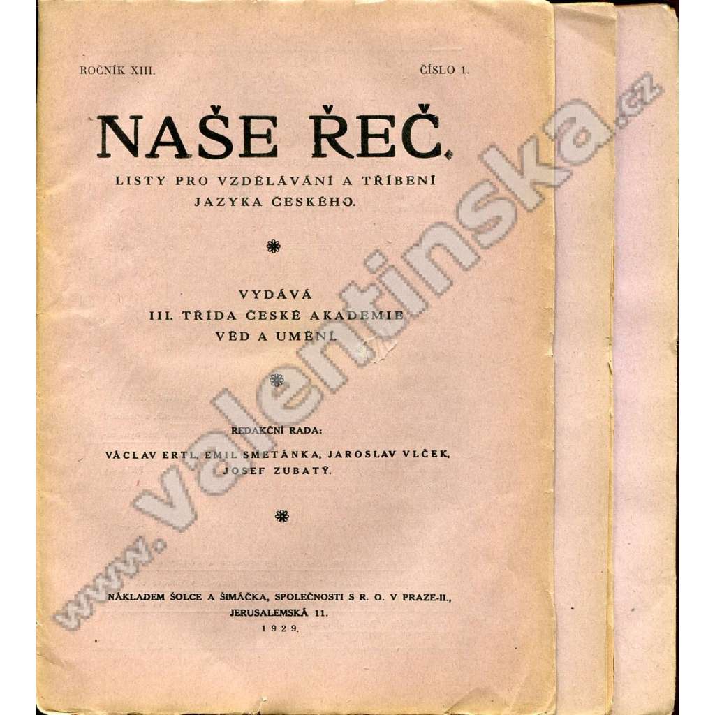 Naše řeč, r. XIII. (1929) - nekompletní!