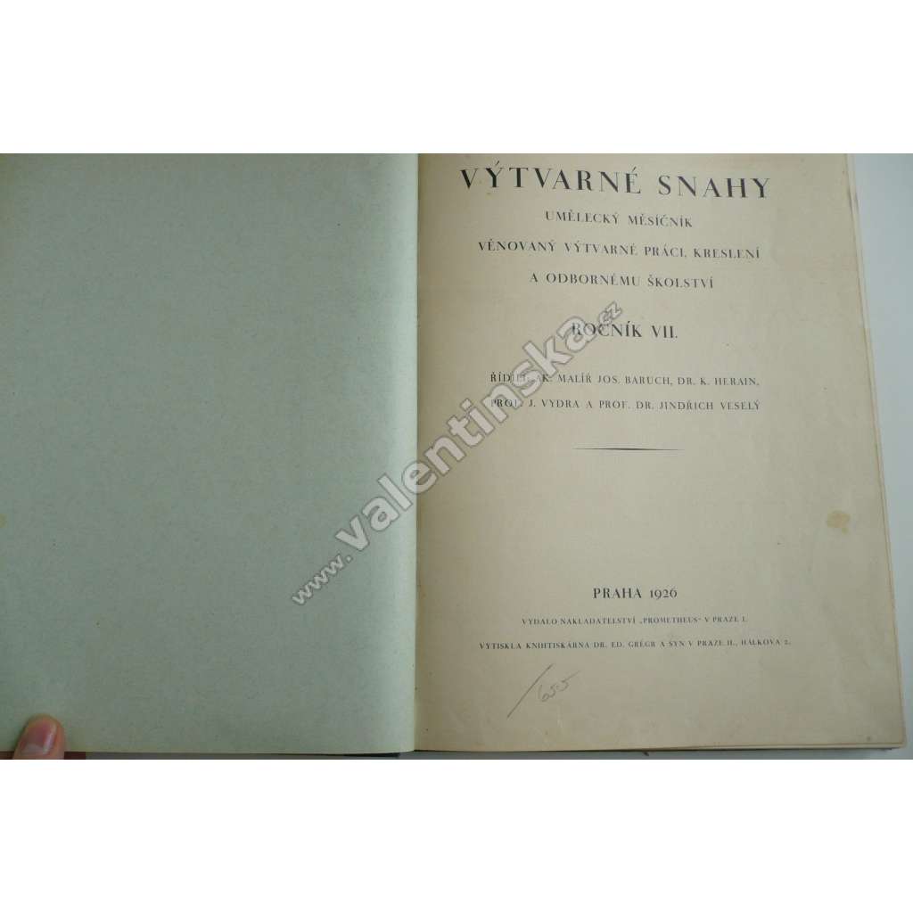 Výtvarné snahy, ročník VII. -1926 (časopis, B. B. Buchlovan - Zinkografická exlibris; K pracím Josefa Mánesa; M. Marešová - Nástěnné dekorace antické; Václav Rabas; Karáskova galerie v Tyršově domě v Praze)